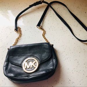 Black Leather Crossbody Purse with Gold Accents